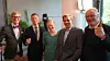En jublende gjeng etter tildelingen av de nye KI-sentrene. Fra venstre: Dekan ved NTNU, Thomas Tybell, Patrick Blomqvist fra Equinor, forskningsleder ved SINTEF, Signe Riemer-Sørensen, Instituttleder ved NTNU, Sebastien Gros og Vice President, Technology ved Kongsberg, Pål Orten. Foto: William Husby Hoven / SINTEF